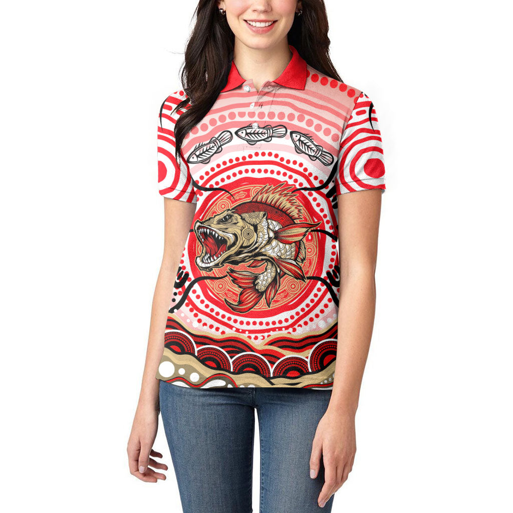 Personalised Aboriginal Barramundi Fish Women Polo Shirt Indigenous Dot Art - Dreamtime Spirit Animal