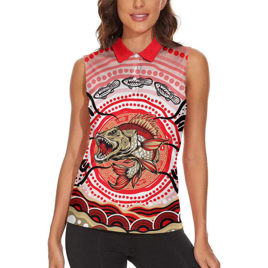 Personalised Aboriginal Barramundi Fish Women Sleeveless Polo Shirt Indigenous Dot Art - Dreamtime Spirit Animal