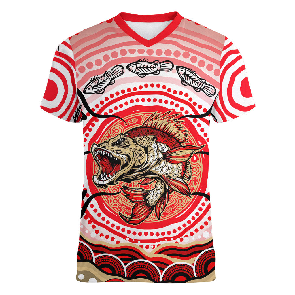 Personalised Aboriginal Barramundi Fish Women V-Neck T-Shirt Indigenous Dot Art - Dreamtime Spirit Animal