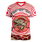 Personalised Aboriginal Barramundi Fish Women V-Neck T-Shirt Indigenous Dot Art - Dreamtime Spirit Animal