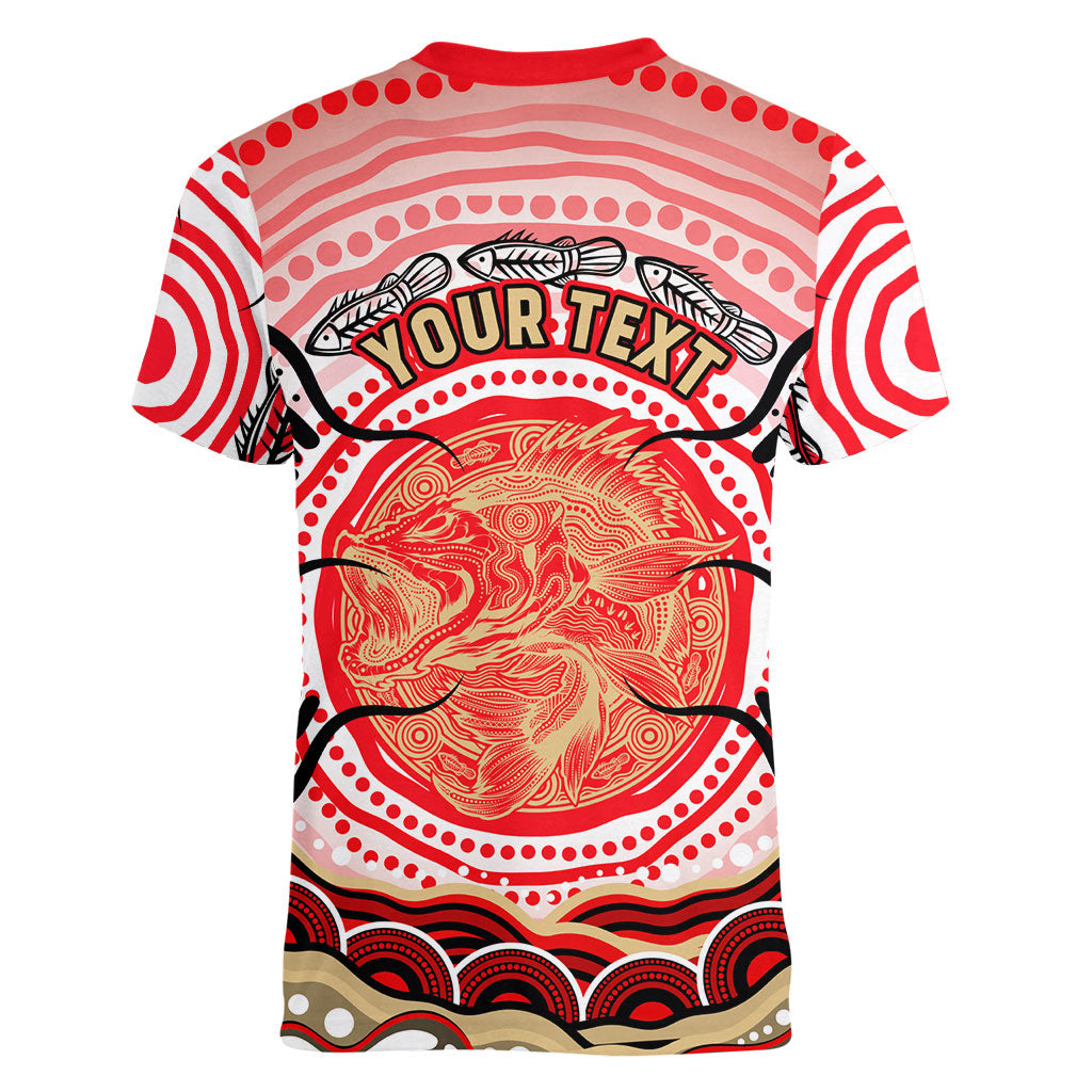Personalised Aboriginal Barramundi Fish Women V-Neck T-Shirt Indigenous Dot Art - Dreamtime Spirit Animal