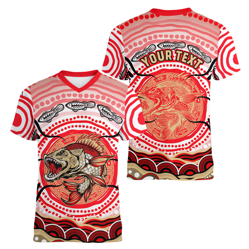 Personalised Aboriginal Barramundi Fish Women V-Neck T-Shirt Indigenous Dot Art - Dreamtime Spirit Animal