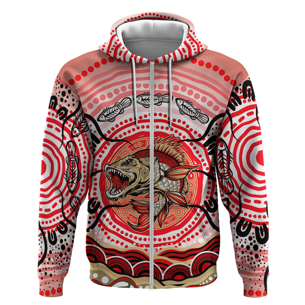 Personalised Aboriginal Barramundi Fish Zip Hoodie Indigenous Dot Art - Dreamtime Spirit Animal