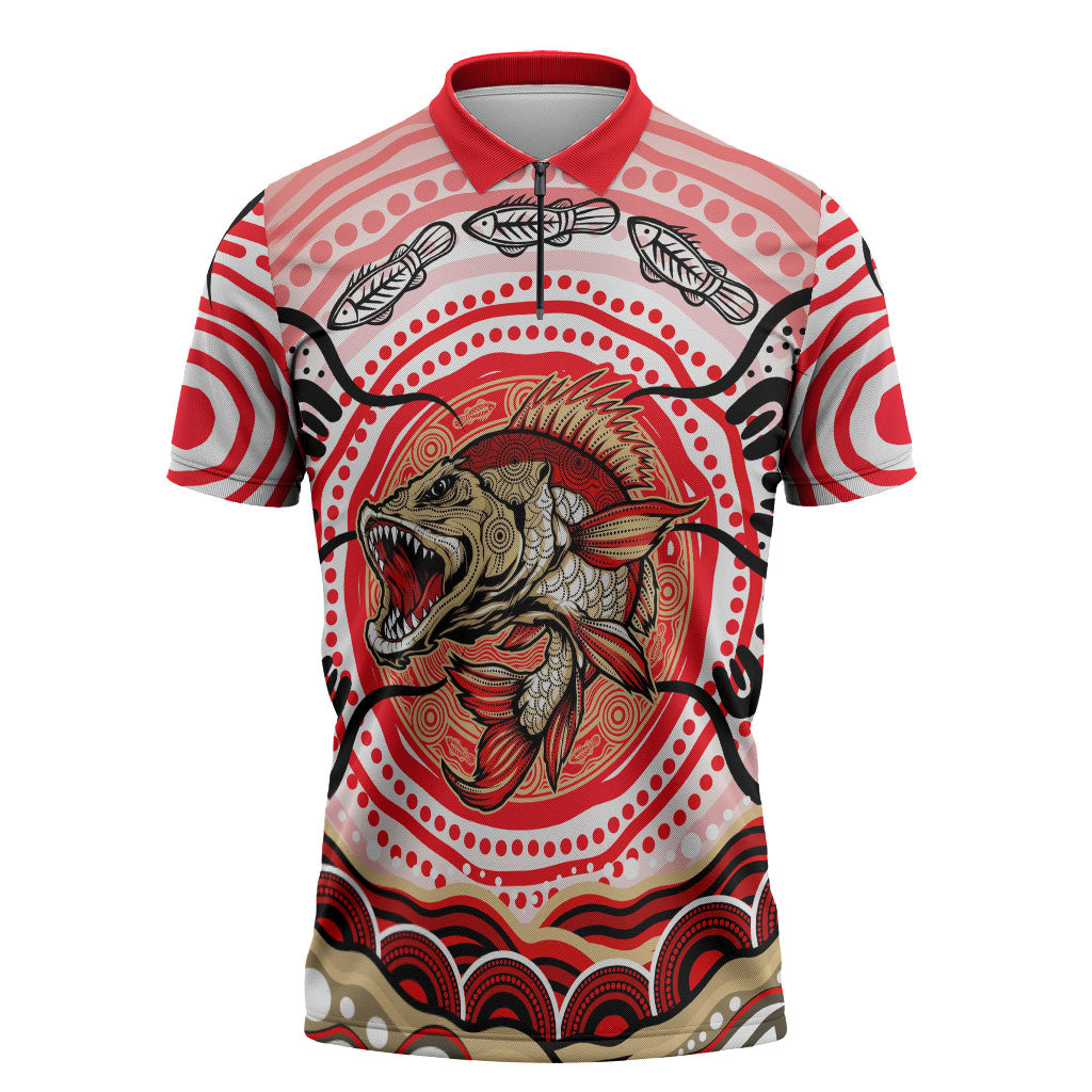 Personalised Aboriginal Barramundi Fish Zipper Polo Shirt Indigenous Dot Art - Dreamtime Spirit Animal