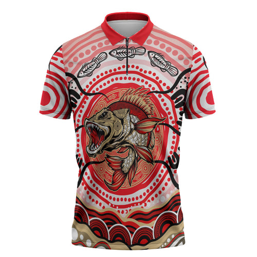 Personalised Aboriginal Barramundi Fish Zipper Polo Shirt Indigenous Dot Art - Dreamtime Spirit Animal