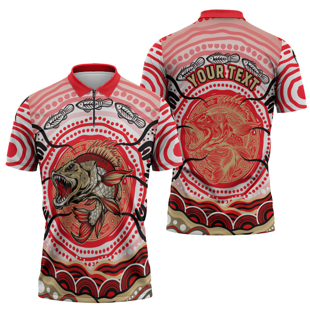 Personalised Aboriginal Barramundi Fish Zipper Polo Shirt Indigenous Dot Art - Dreamtime Spirit Animal