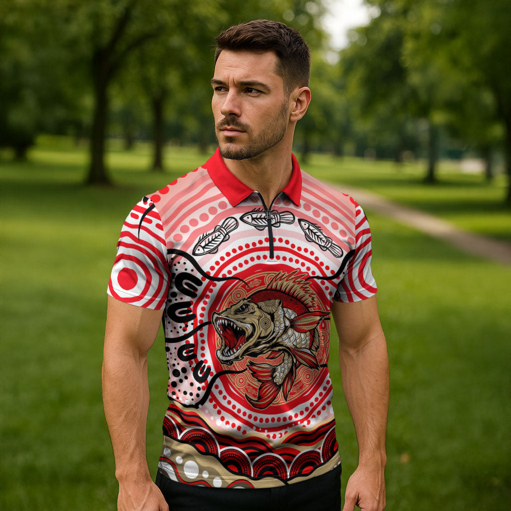 Personalised Aboriginal Barramundi Fish Zipper Polo Shirt Indigenous Dot Art - Dreamtime Spirit Animal