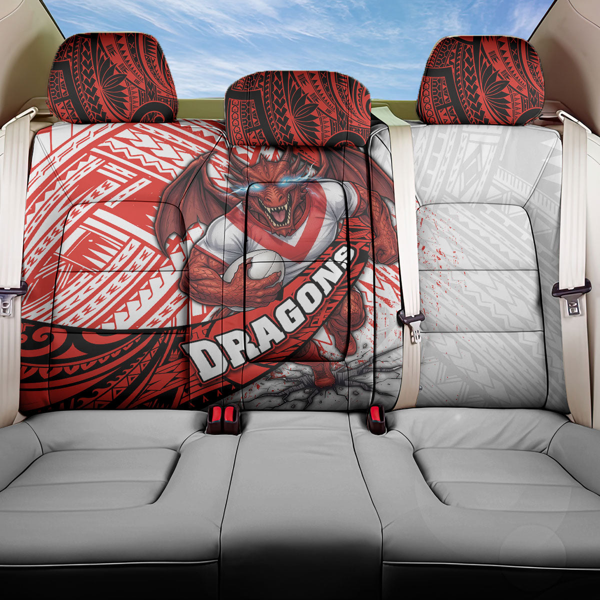 St George Illawarra Dragons Rugby Back Car Seat Cover Tribal Polynesian Power Art - Lightning Mascot