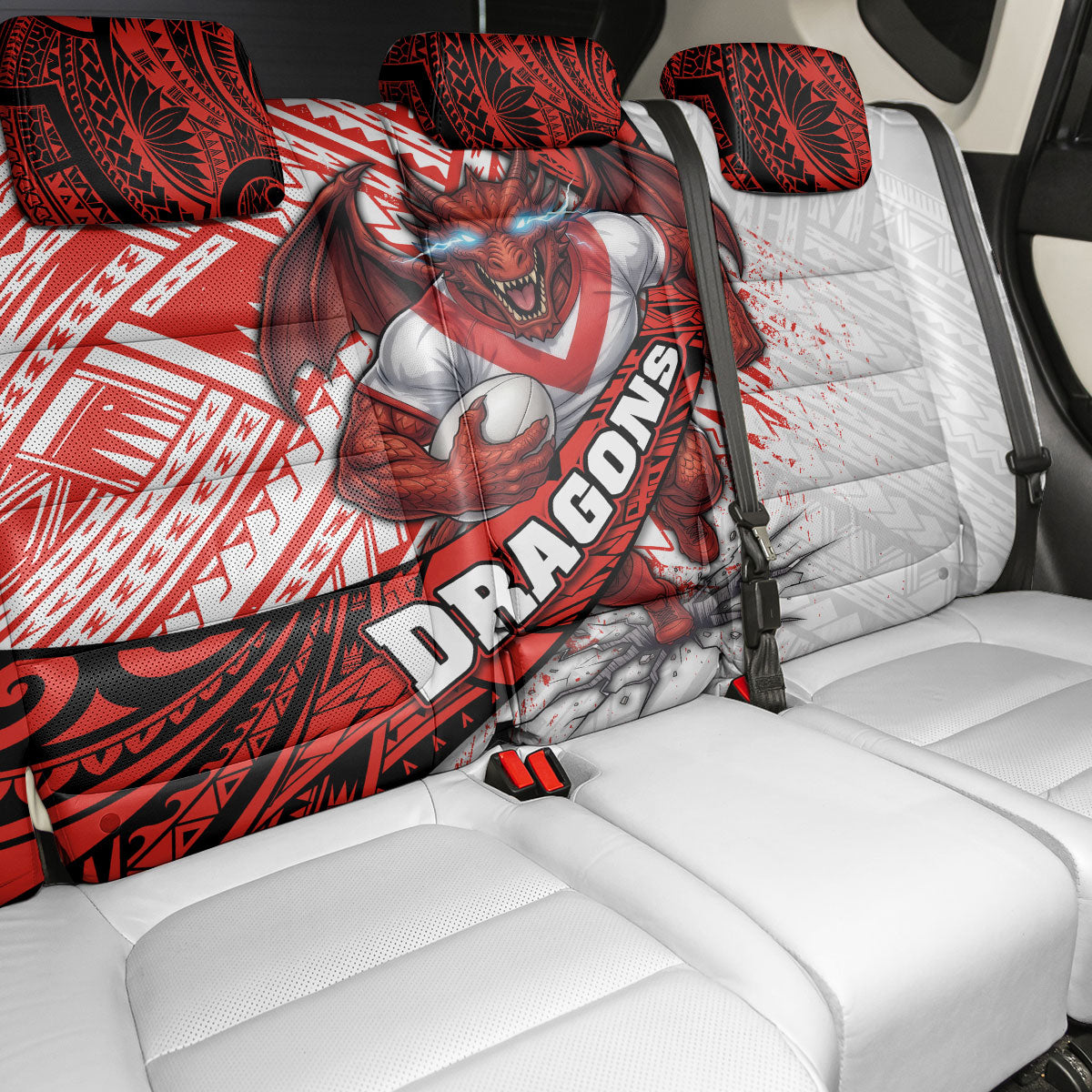 St George Illawarra Dragons Rugby Back Car Seat Cover Tribal Polynesian Power Art - Lightning Mascot