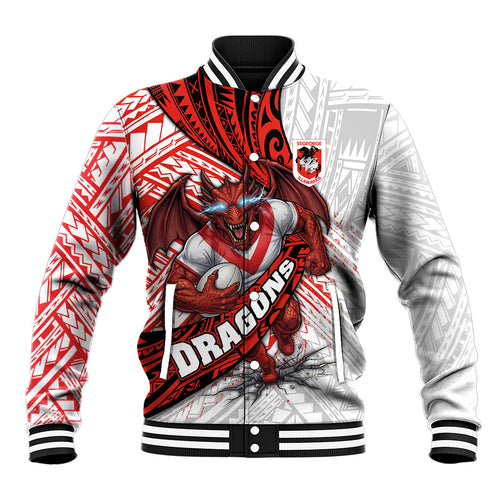 St George Illawarra Dragons Rugby Baseball Jacket Tribal Polynesian Power Art - Lightning Mascot