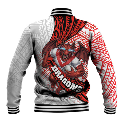 St George Illawarra Dragons Rugby Baseball Jacket Tribal Polynesian Power Art - Lightning Mascot