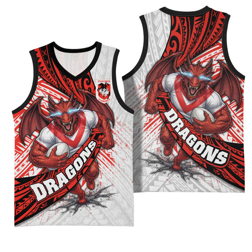St George Illawarra Dragons Rugby Basketball Jersey Tribal Polynesian Power Art - Lightning Mascot