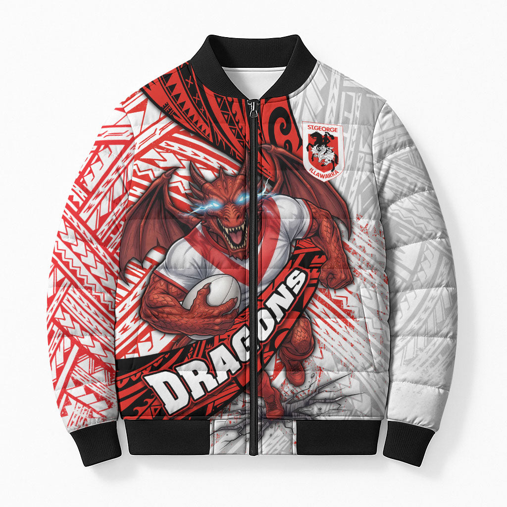 St George Illawarra Dragons Rugby Bomber Puffer Jacket Tribal Polynesian Power Art - Lightning Mascot