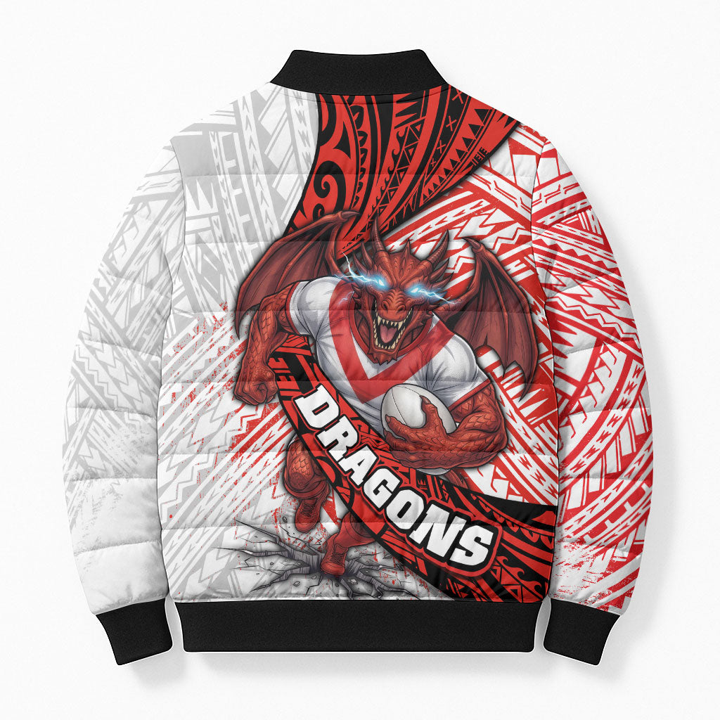 St George Illawarra Dragons Rugby Bomber Puffer Jacket Tribal Polynesian Power Art - Lightning Mascot