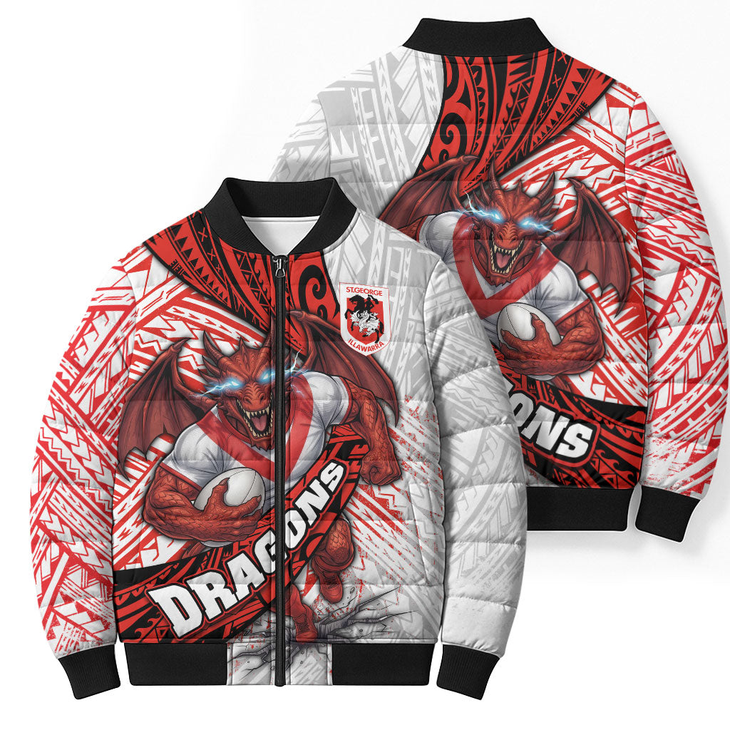 St George Illawarra Dragons Rugby Bomber Puffer Jacket Tribal Polynesian Power Art - Lightning Mascot
