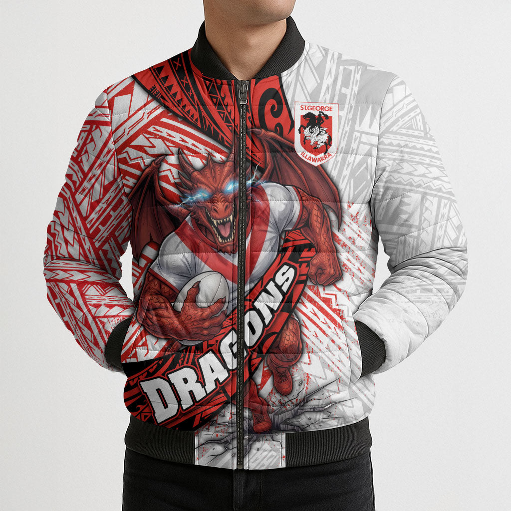 St George Illawarra Dragons Rugby Bomber Puffer Jacket Tribal Polynesian Power Art - Lightning Mascot