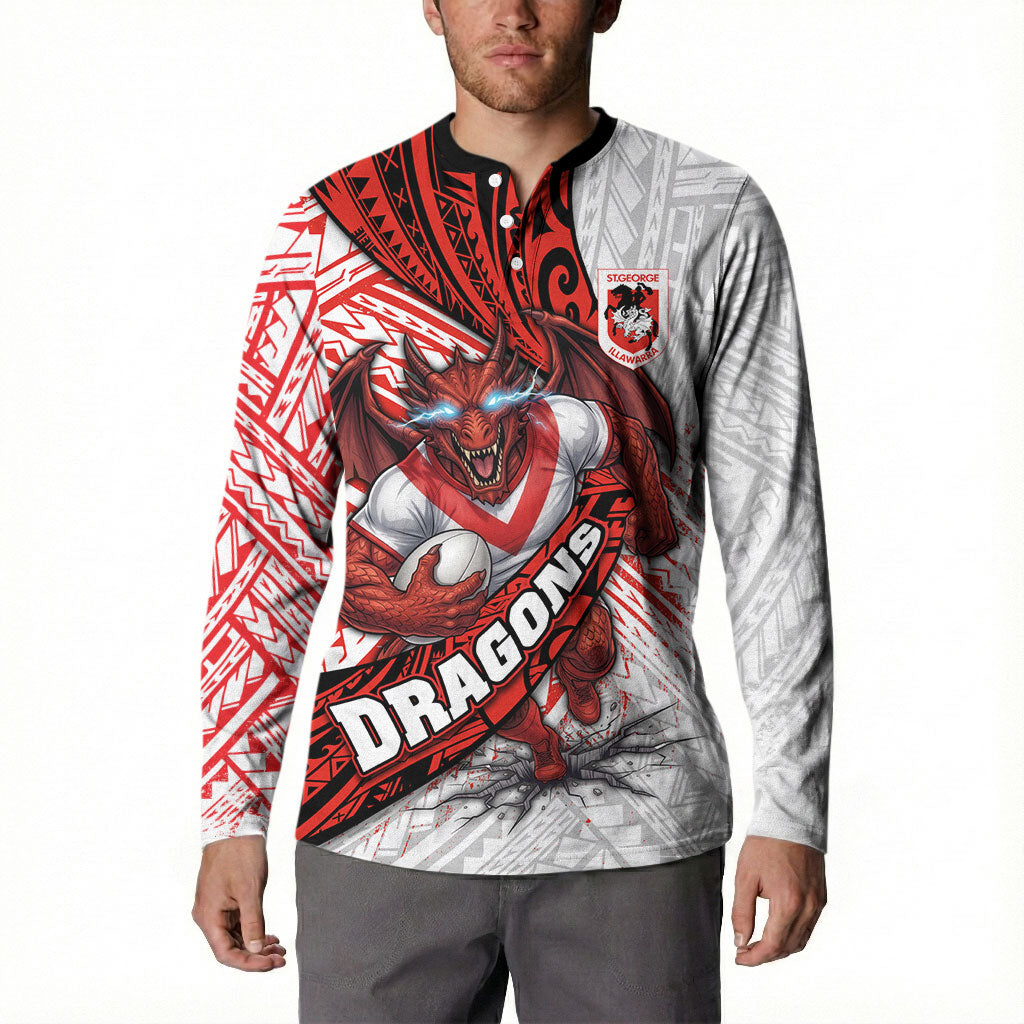 St George Illawarra Dragons Rugby Button Sweatshirt Tribal Polynesian Power Art - Lightning Mascot