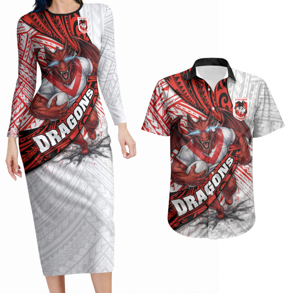 St George Illawarra Dragons Rugby Couples Matching Long Sleeve Bodycon Dress and Hawaiian Shirt Tribal Polynesian Power Art - Lightning Mascot