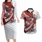 St George Illawarra Dragons Rugby Couples Matching Long Sleeve Bodycon Dress and Hawaiian Shirt Tribal Polynesian Power Art - Lightning Mascot