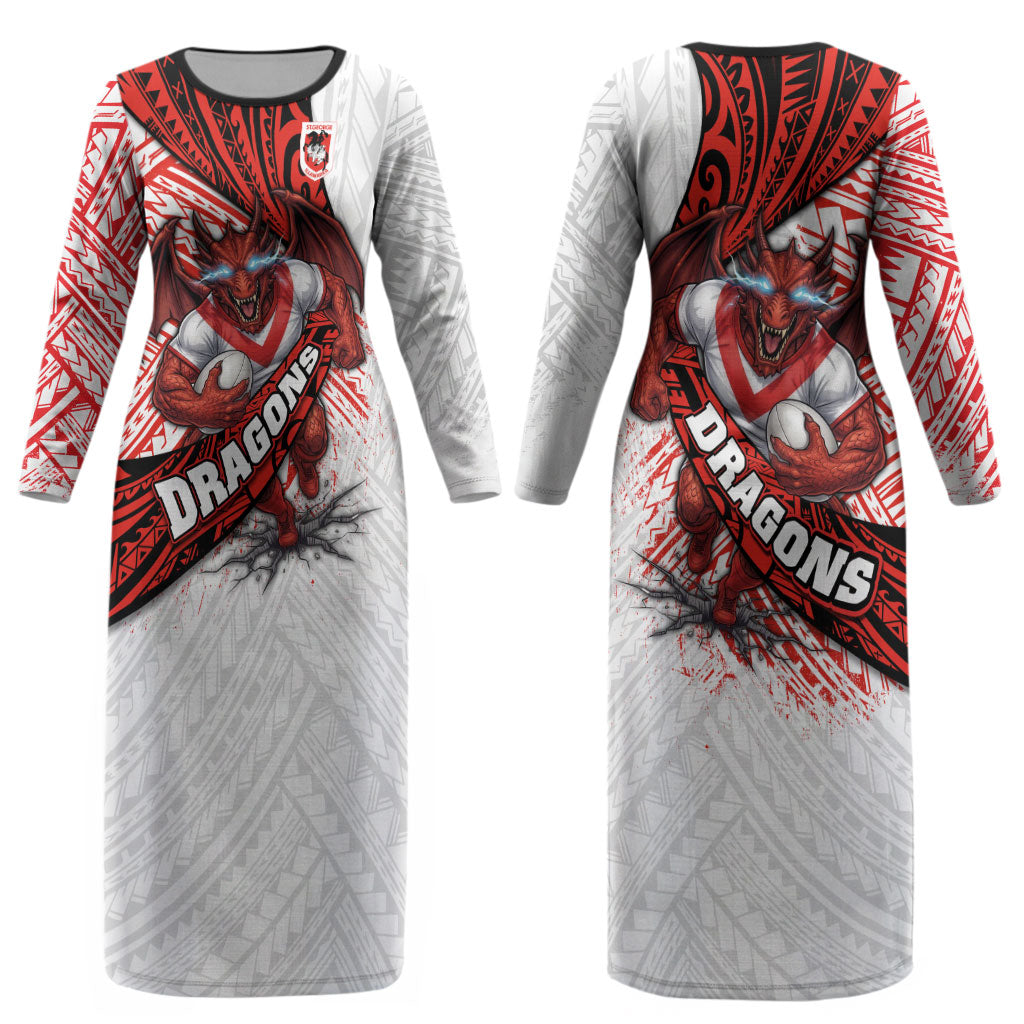 St George Illawarra Dragons Rugby Couples Matching Long Sleeve Bodycon Dress and Hawaiian Shirt Tribal Polynesian Power Art - Lightning Mascot