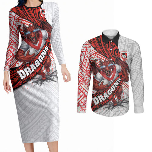 St George Illawarra Dragons Rugby Couples Matching Long Sleeve Bodycon Dress and Long Sleeve Button Shirt Tribal Polynesian Power Art - Lightning Mascot
