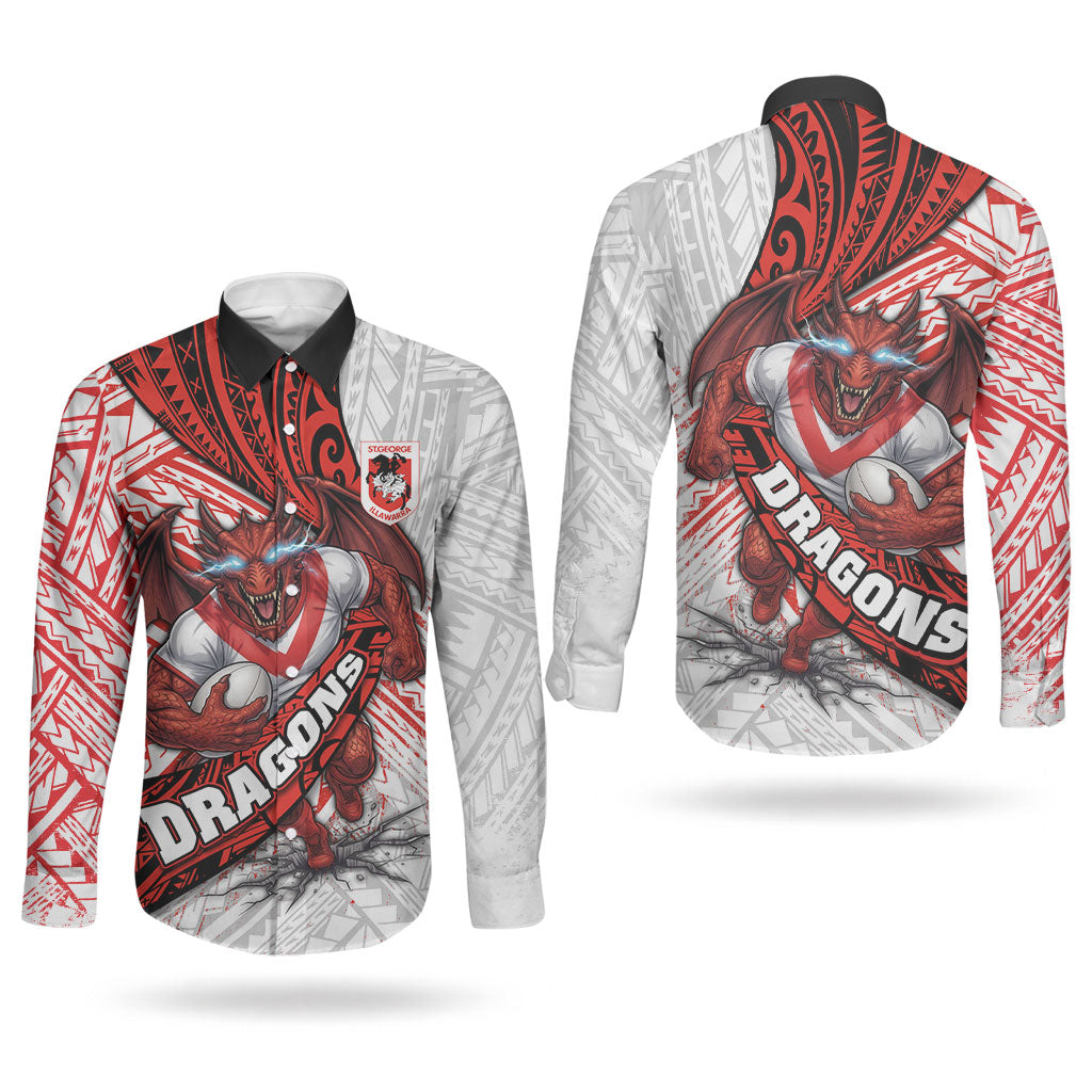 St George Illawarra Dragons Rugby Couples Matching Long Sleeve Bodycon Dress and Long Sleeve Button Shirt Tribal Polynesian Power Art - Lightning Mascot