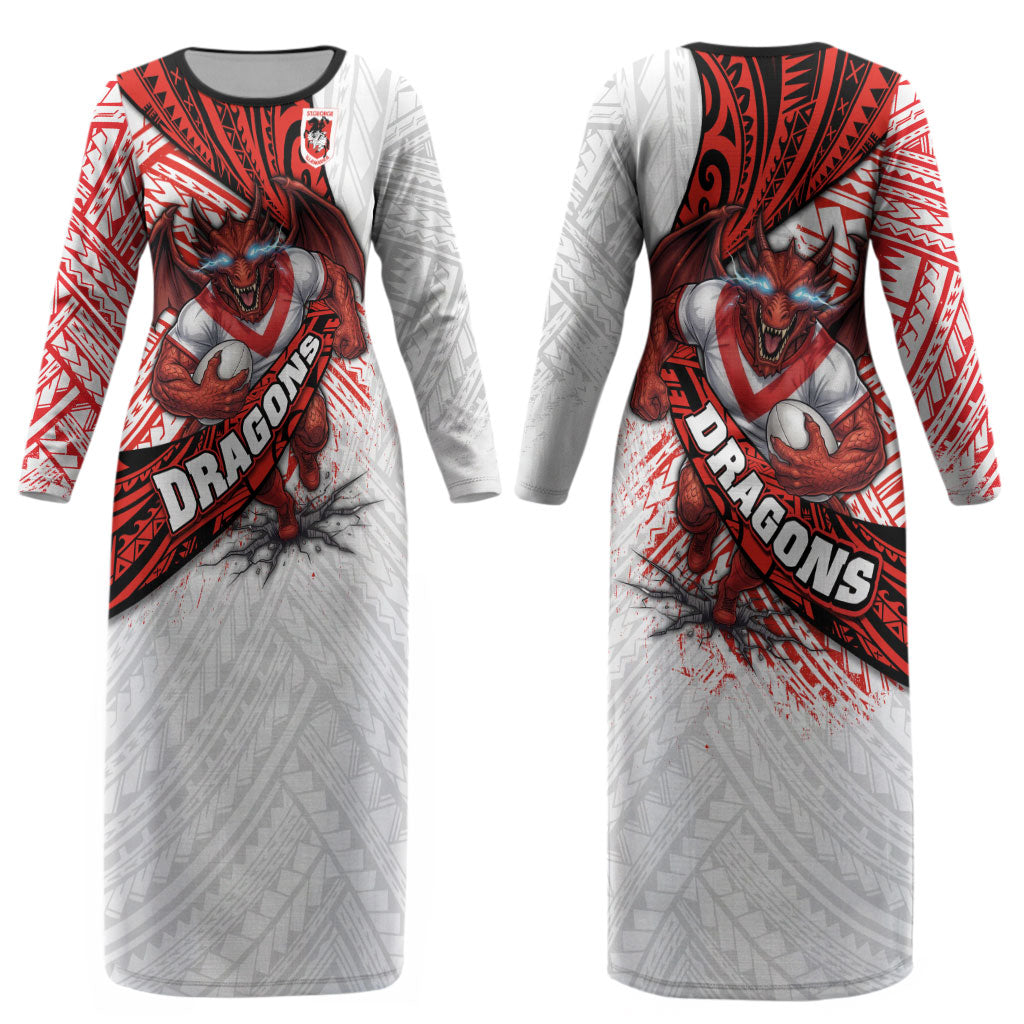 St George Illawarra Dragons Rugby Couples Matching Long Sleeve Bodycon Dress and Long Sleeve Button Shirt Tribal Polynesian Power Art - Lightning Mascot
