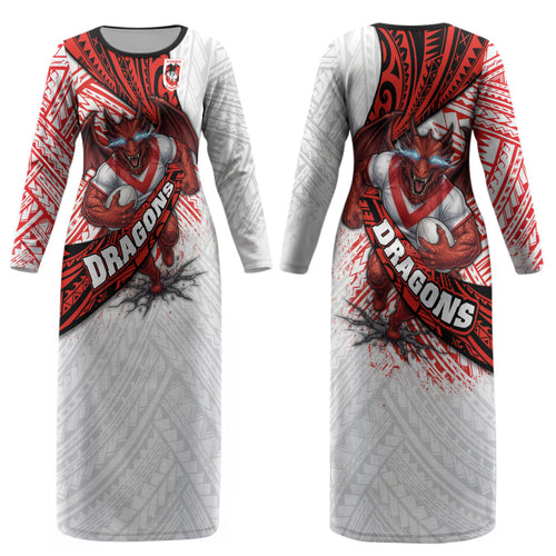 St George Illawarra Dragons Rugby Couples Matching Long Sleeve Bodycon Dress and Long Sleeve Button Shirt Tribal Polynesian Power Art - Lightning Mascot