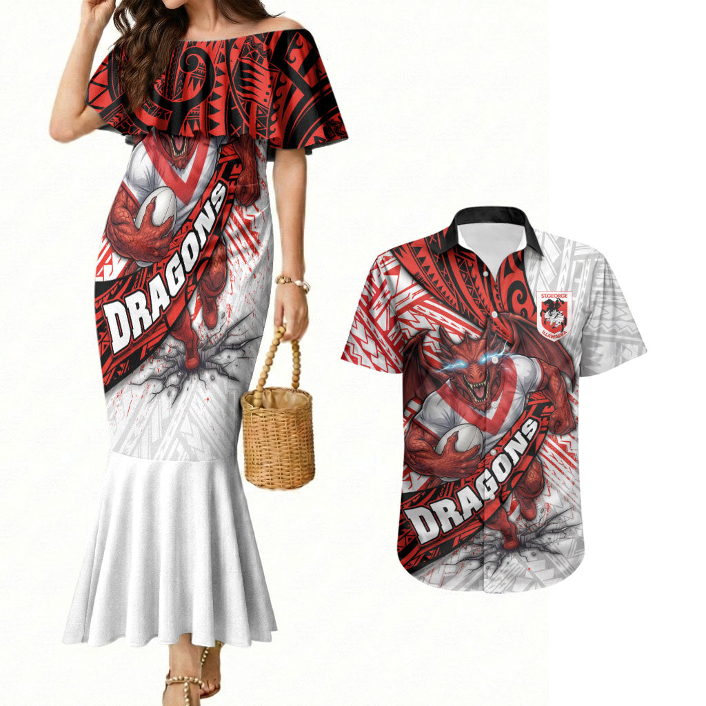 St George Illawarra Dragons Rugby Couples Matching Mermaid Dress and Hawaiian Shirt Tribal Polynesian Power Art - Lightning Mascot