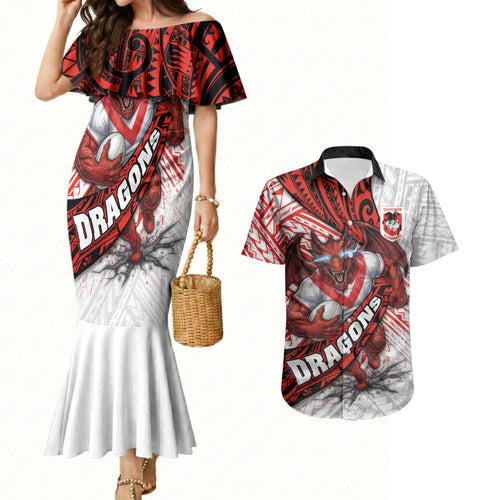 St George Illawarra Dragons Rugby Couples Matching Mermaid Dress and Hawaiian Shirt Tribal Polynesian Power Art - Lightning Mascot