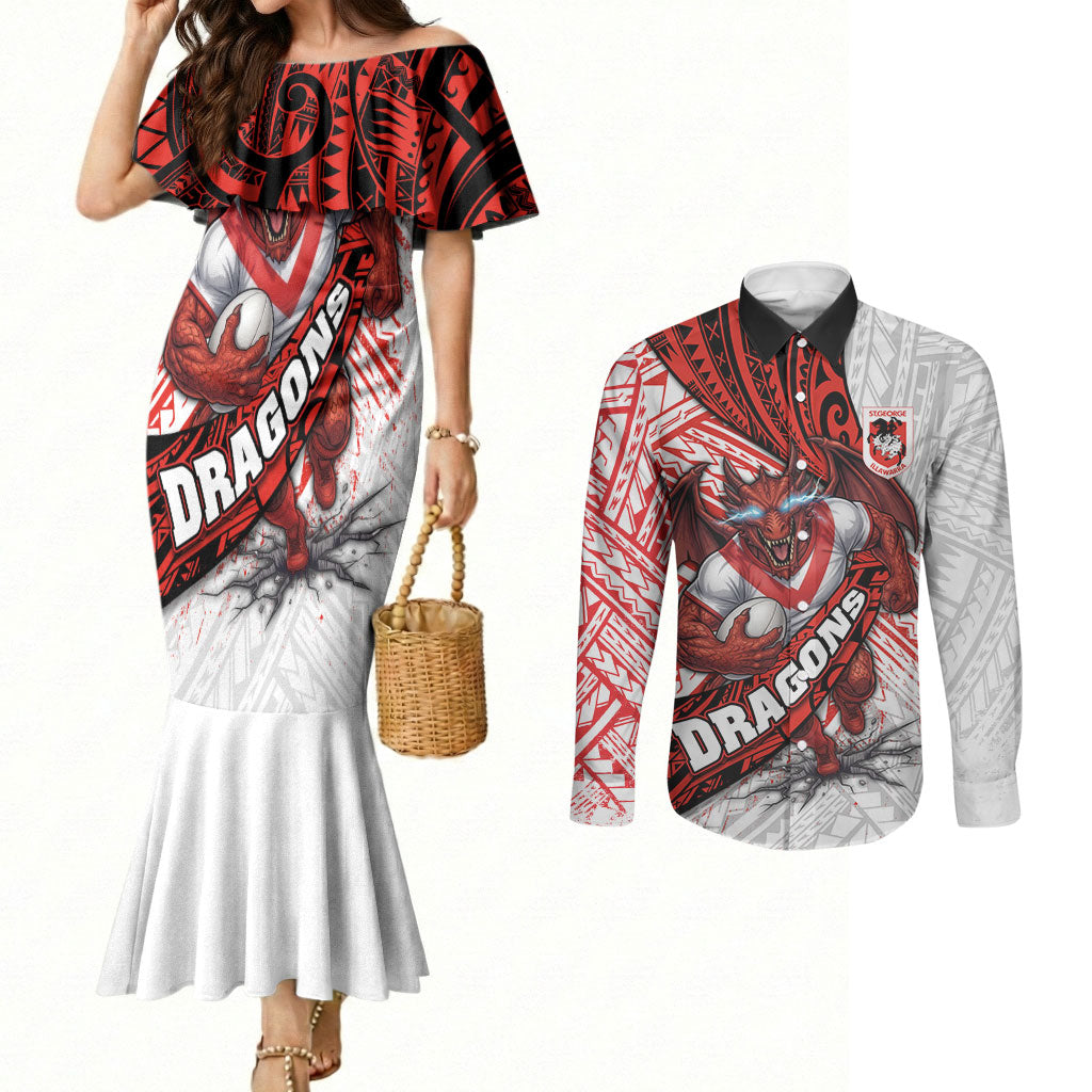 St George Illawarra Dragons Rugby Couples Matching Mermaid Dress and Long Sleeve Button Shirt Tribal Polynesian Power Art - Lightning Mascot