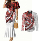 St George Illawarra Dragons Rugby Couples Matching Mermaid Dress and Long Sleeve Button Shirt Tribal Polynesian Power Art - Lightning Mascot