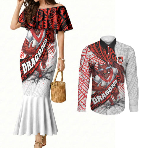 St George Illawarra Dragons Rugby Couples Matching Mermaid Dress and Long Sleeve Button Shirt Tribal Polynesian Power Art - Lightning Mascot
