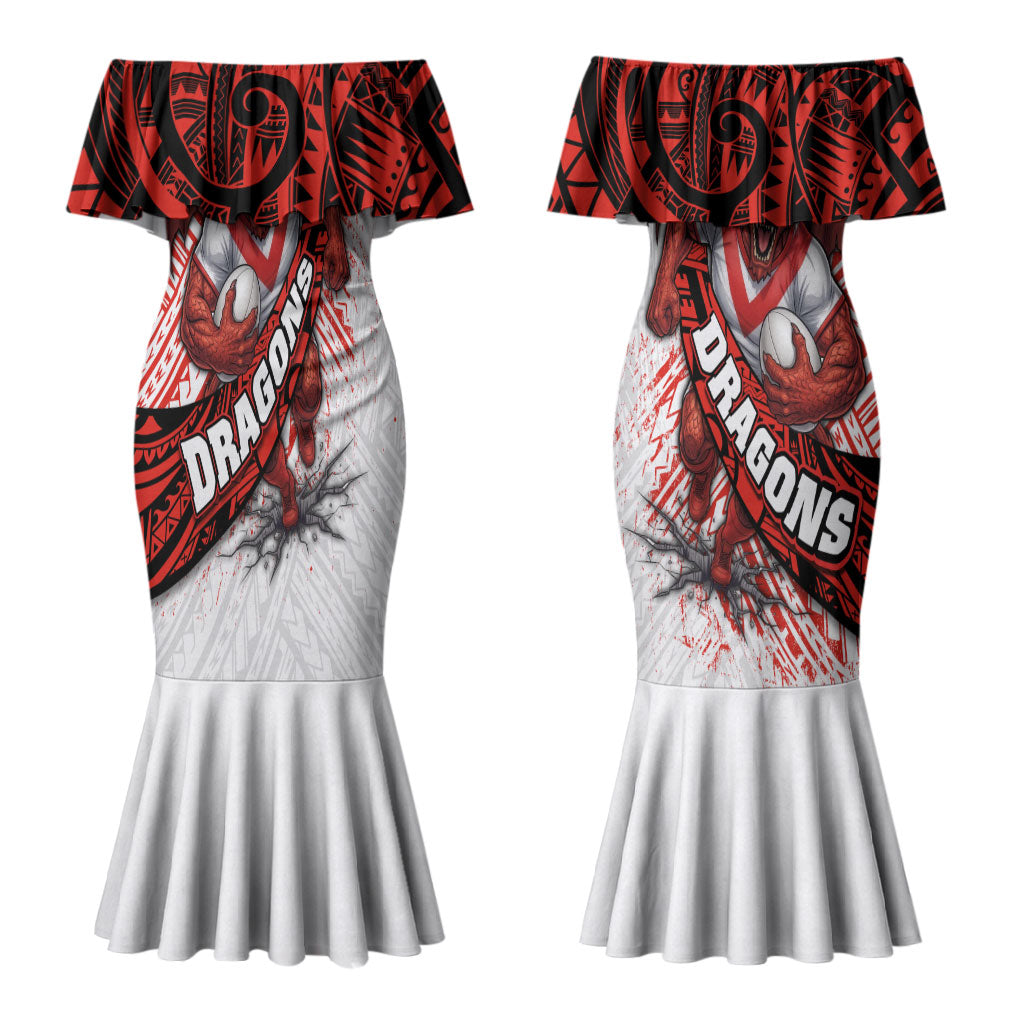 St George Illawarra Dragons Rugby Couples Matching Mermaid Dress and Long Sleeve Button Shirt Tribal Polynesian Power Art - Lightning Mascot
