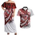 St George Illawarra Dragons Rugby Couples Matching Off Shoulder Maxi Dress and Hawaiian Shirt Tribal Polynesian Power Art - Lightning Mascot
