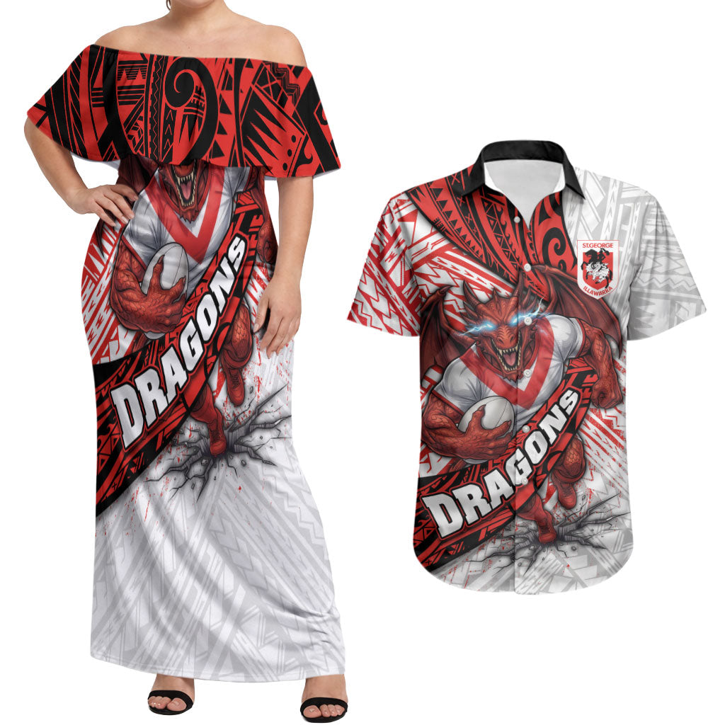 St George Illawarra Dragons Rugby Couples Matching Off Shoulder Maxi Dress and Hawaiian Shirt Tribal Polynesian Power Art - Lightning Mascot