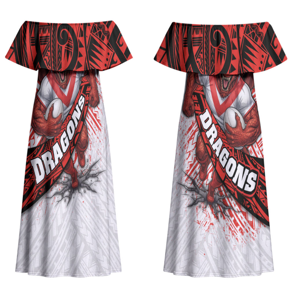 St George Illawarra Dragons Rugby Couples Matching Off Shoulder Maxi Dress and Hawaiian Shirt Tribal Polynesian Power Art - Lightning Mascot
