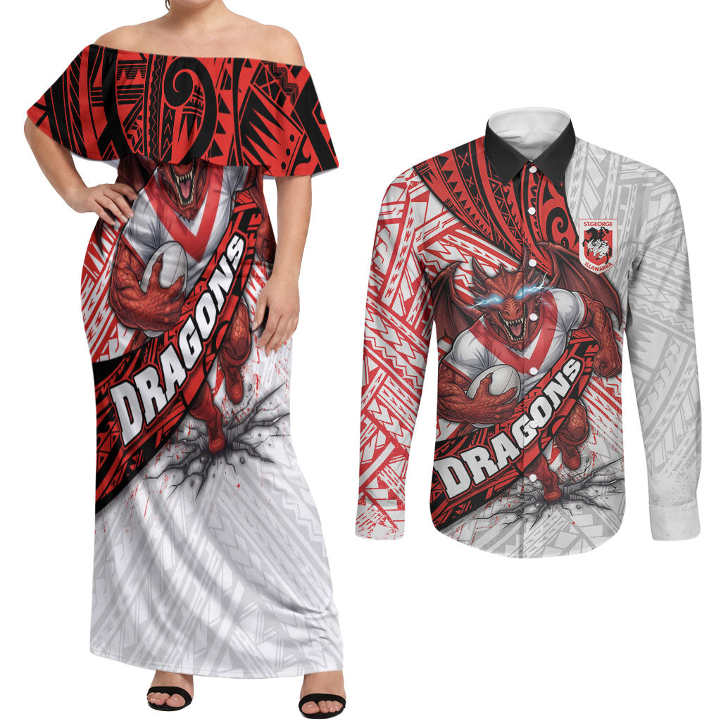 St George Illawarra Dragons Rugby Couples Matching Off Shoulder Maxi Dress and Long Sleeve Button Shirt Tribal Polynesian Power Art - Lightning Mascot