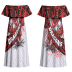 St George Illawarra Dragons Rugby Couples Matching Off Shoulder Maxi Dress and Long Sleeve Button Shirt Tribal Polynesian Power Art - Lightning Mascot