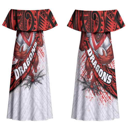 St George Illawarra Dragons Rugby Couples Matching Off Shoulder Maxi Dress and Long Sleeve Button Shirt Tribal Polynesian Power Art - Lightning Mascot