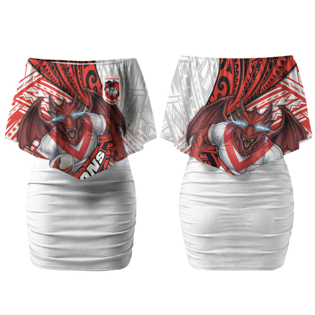 St George Illawarra Dragons Rugby Couples Matching Off Shoulder Short Dress and Hawaiian Shirt Tribal Polynesian Power Art - Lightning Mascot
