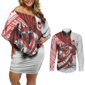 St George Illawarra Dragons Rugby Couples Matching Off Shoulder Short Dress and Long Sleeve Button Shirt Tribal Polynesian Power Art - Lightning Mascot