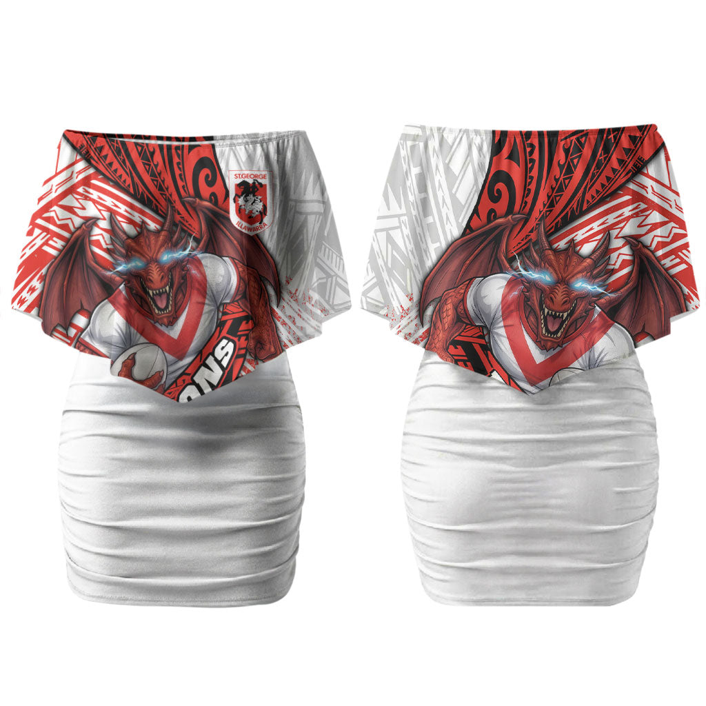 St George Illawarra Dragons Rugby Couples Matching Off Shoulder Short Dress and Long Sleeve Button Shirt Tribal Polynesian Power Art - Lightning Mascot