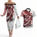 St George Illawarra Dragons Rugby Couples Matching Off The Shoulder Long Sleeve Dress and Hawaiian Shirt Tribal Polynesian Power Art - Lightning Mascot