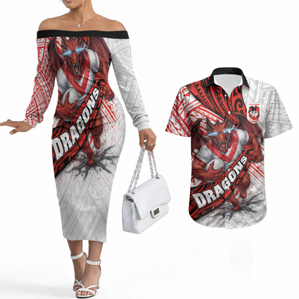 St George Illawarra Dragons Rugby Couples Matching Off The Shoulder Long Sleeve Dress and Hawaiian Shirt Tribal Polynesian Power Art - Lightning Mascot