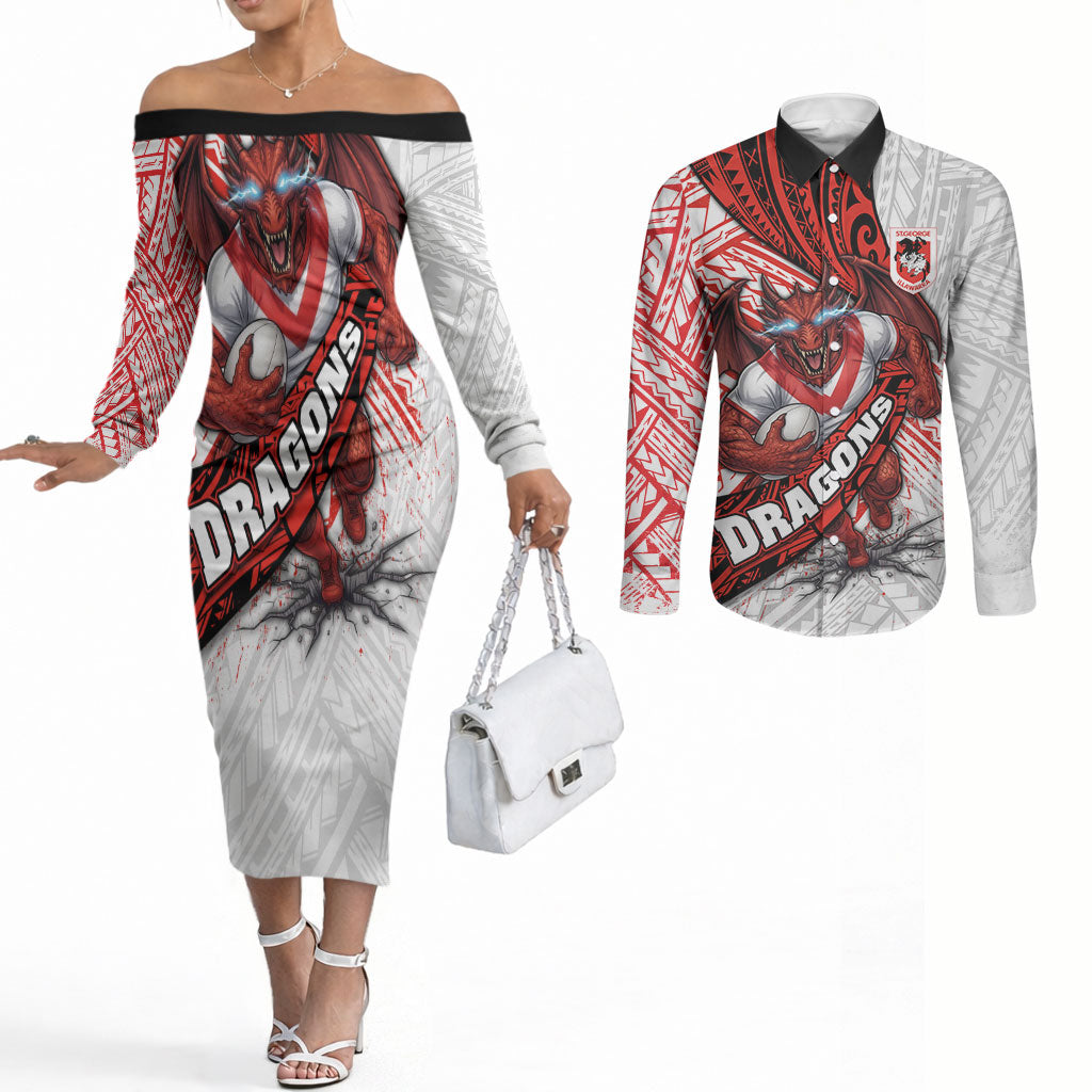 St George Illawarra Dragons Rugby Couples Matching Off The Shoulder Long Sleeve Dress and Long Sleeve Button Shirt Tribal Polynesian Power Art - Lightning Mascot