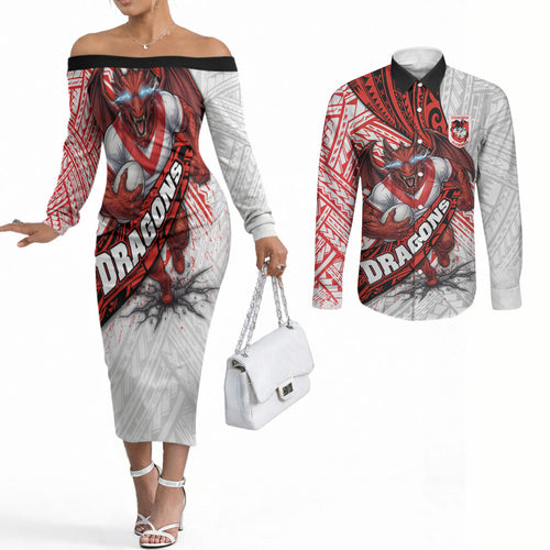 St George Illawarra Dragons Rugby Couples Matching Off The Shoulder Long Sleeve Dress and Long Sleeve Button Shirt Tribal Polynesian Power Art - Lightning Mascot