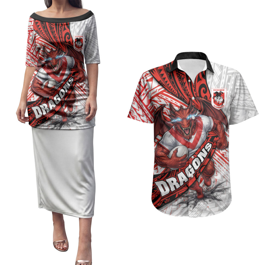 St George Illawarra Dragons Rugby Couples Matching Puletasi and Hawaiian Shirt Tribal Polynesian Power Art - Lightning Mascot