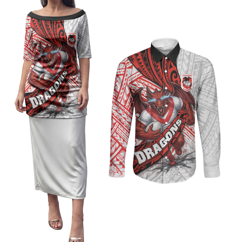 St George Illawarra Dragons Rugby Couples Matching Puletasi and Long Sleeve Button Shirt Tribal Polynesian Power Art - Lightning Mascot