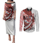 St George Illawarra Dragons Rugby Couples Matching Puletasi and Long Sleeve Button Shirt Tribal Polynesian Power Art - Lightning Mascot
